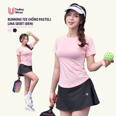 Set đồ tập gym yoga thể thao áo Running tee hồng pastel mix chân váy Lina skirt đen Today U Wear