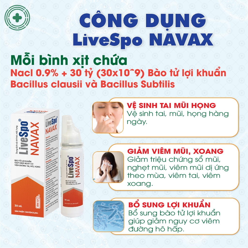 Bào Tử Lợi Khuẩn LIVESPO NAVAX Giúp Giảm Sổ Mũi, Nghẹt Mũi, Viêm Tai Mũi Họng Viêm, Xoang (Bình xịt Kim Loại 30ml)