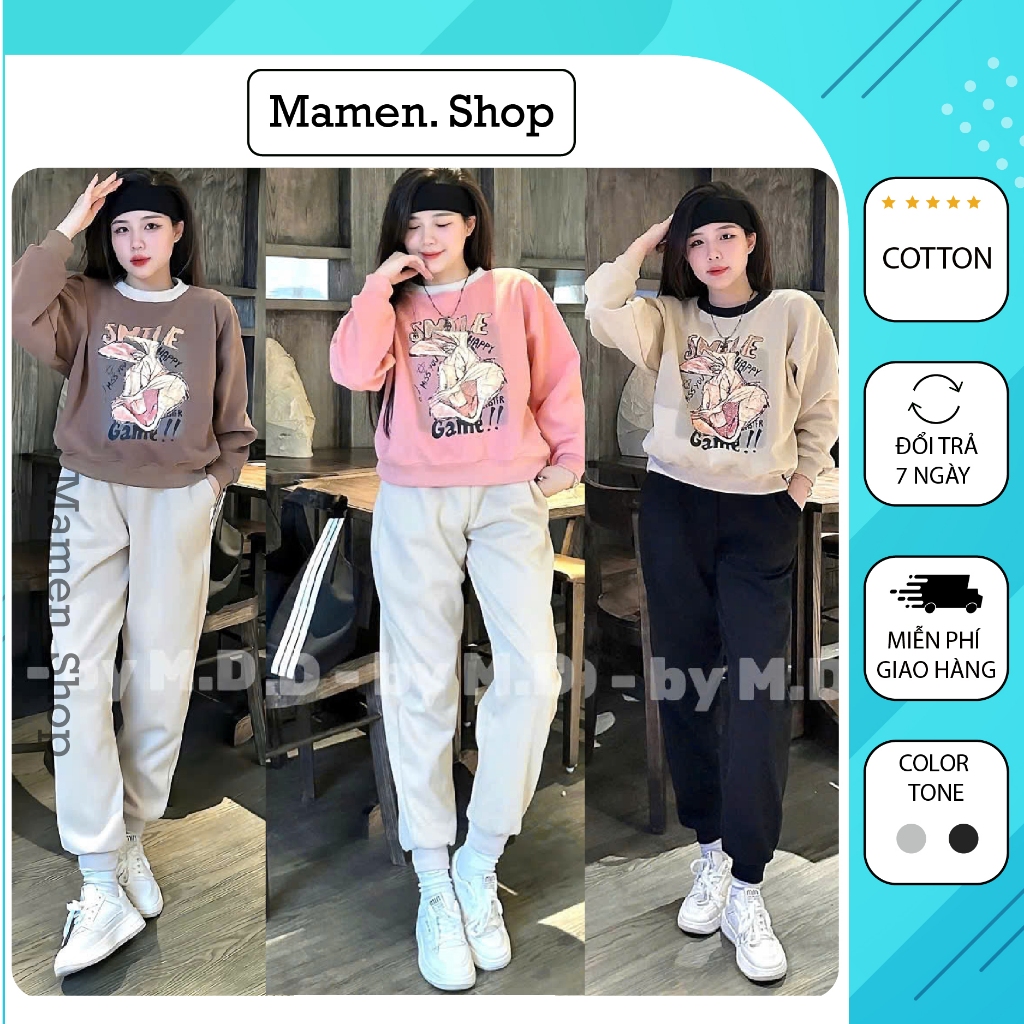 Bộ nỉ nữ chất liệu nỉ 2 da phối quần in Thỏ Smile nhiều màu, set quần áo nỉ dài tay dáng thể thao Mamen shop
