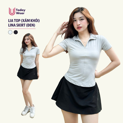Set đồ tập gym yoga thể thao áo Lia top xám khói mix chân váy Lina skirt đen Today U Wear