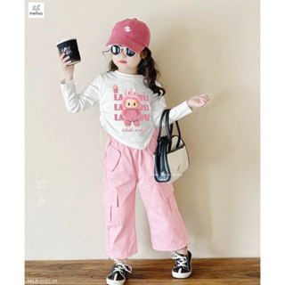 Set áo cotton in hình Labubu mix quần kaki túi hộp màu hồng cho bé gái nhà Melisa size từ 12-45 cân
