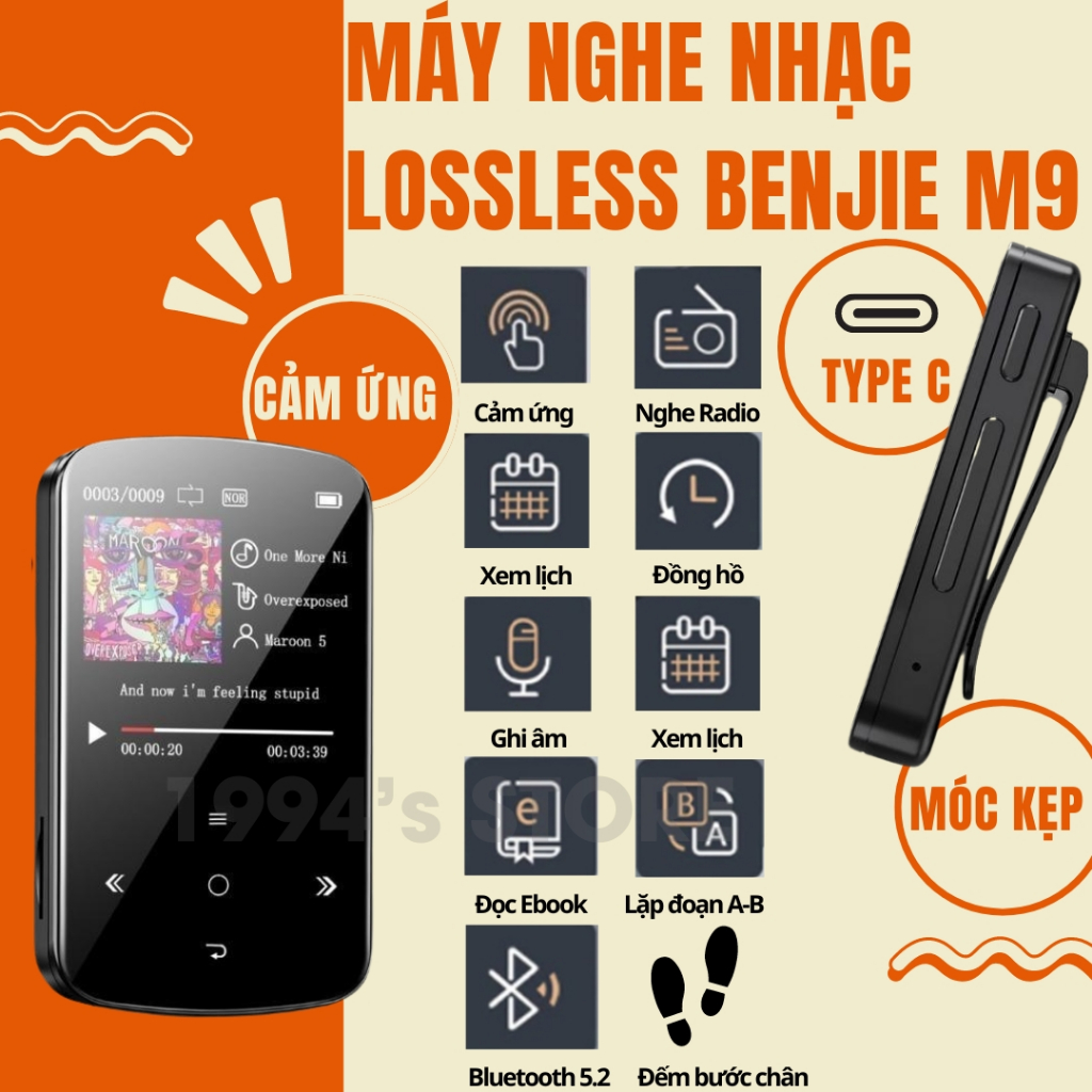 Máy nghe nhạc thể thao nhỏ gọn Benjie M9 Bluetooth 5.2 Lặp đoạn A-B, Hỗ trợ tập thể dục thể thao, Có