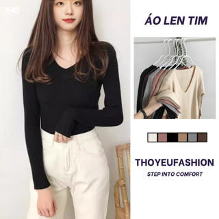  Áo len nữ gân tăm cổ tim tay dài dáng ôm  Áo cổ v nữ mềm mịn co giãn nhiều màu Quảng Châu freesize từ 40-60kg M857 