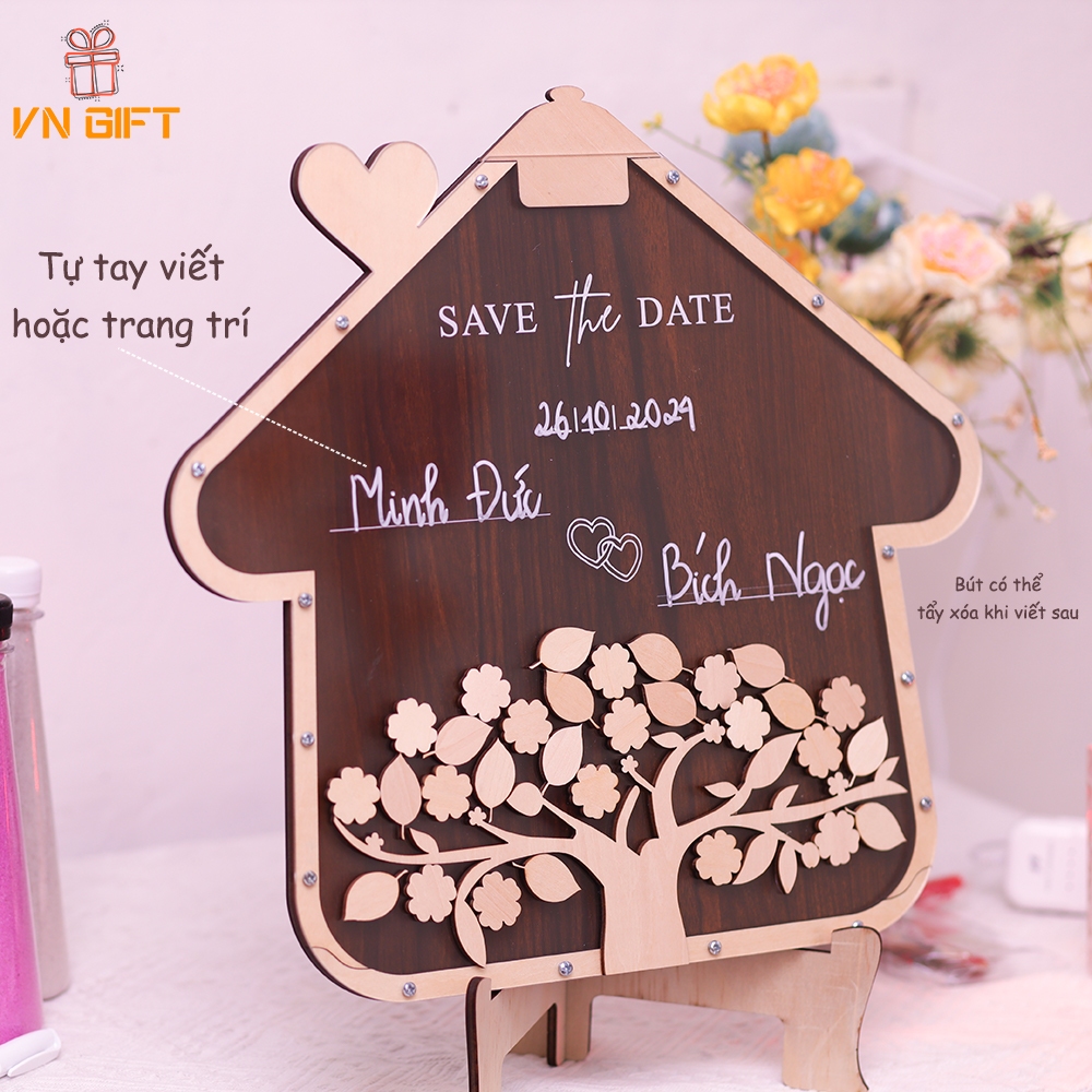 [WDM10 HÀNG ĐÓNG SẴN ]  Hộp rót cát đám cưới + kí tên bạn bè hình ngôi nhà nấm 43 cm, dâu rể tự điền tên và ngày cưới.