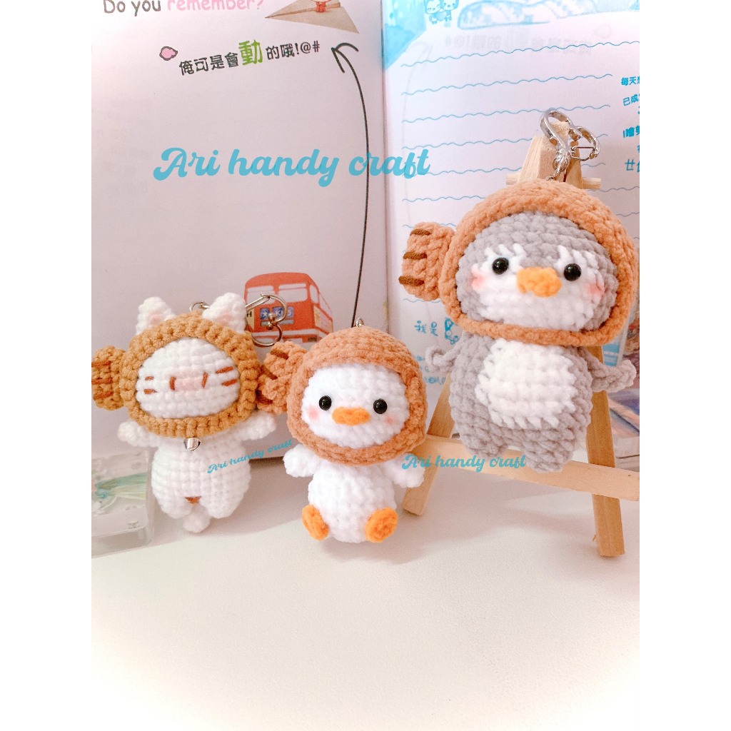 Móc Khóa Mèo/ Chim cánh cụt/ Vịt đội nón cá TAIYAKI dễ thương handmade - penguin/cat/duck in fish ha