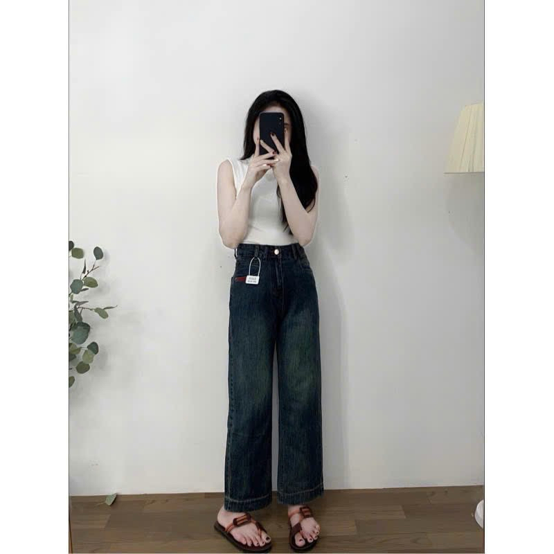 ( Loại đẹp)Quần Bò Jeans Nữ Ống Đứng cho chăn ngắn, Quần Bò - Ống Rộng Suông Cạp Cao Hách Dáng