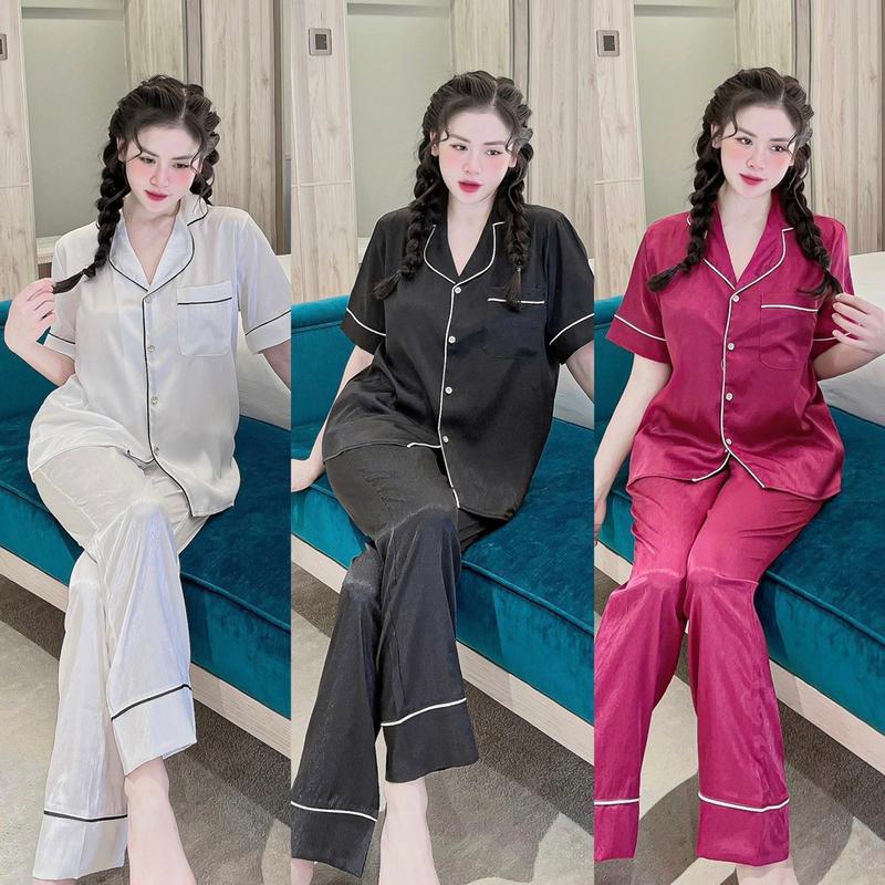 Bộ Đồ Ngủ Nữ JUSOKA Pijama Lụa Gấm Xước Ánh Kim Ngắn Tay Mặc Nhà Dáng Tiểu Thư Cao Cấp TN39