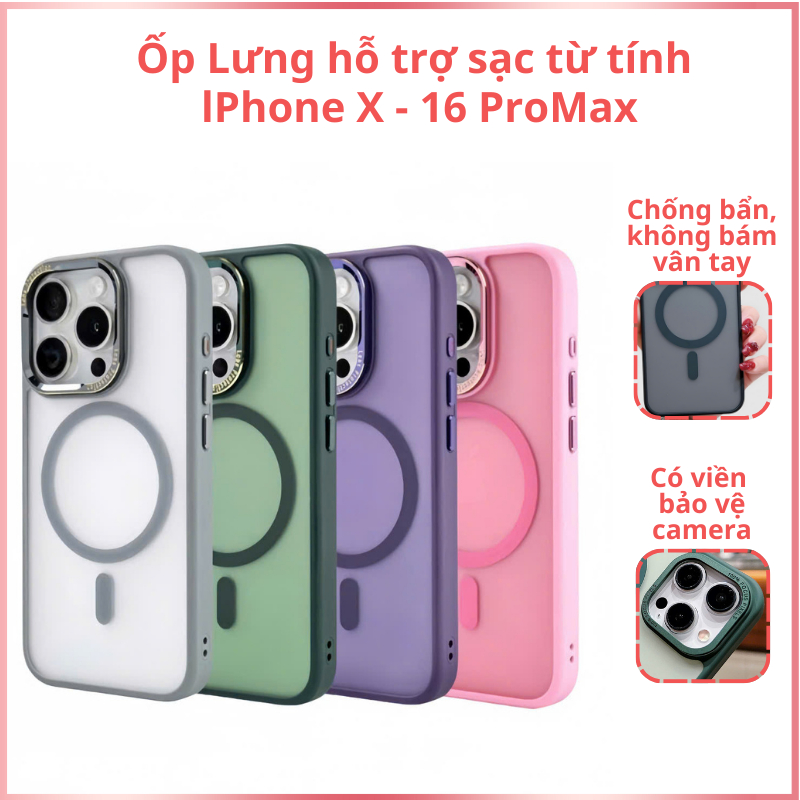 Ốp lưng hỗ trợ sạc từ tính cho lphone X- 16 Promax, ốp lưng mặt nhám , có viền bảo vệ camera