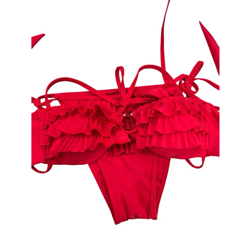 Bikini 2 Mảnh Nữ L&L BIKINI Đan Dây Bèo Tầng Có Mút Ngực Màu Trắng Đỏ Freesize Đi Biển - L20 | BigBuy360 - bigbuy360.vn