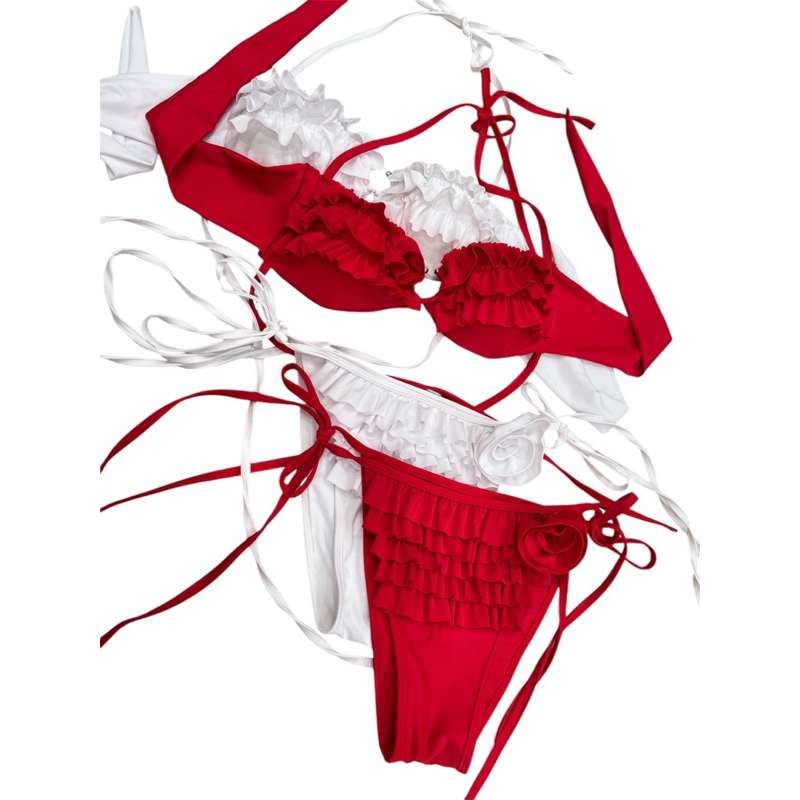 Bikini 2 Mảnh Nữ L&L BIKINI Đan Dây Bèo Tầng Có Mút Ngực Màu Trắng Đỏ Freesize Đi Biển - L20 | BigBuy360 - bigbuy360.vn
