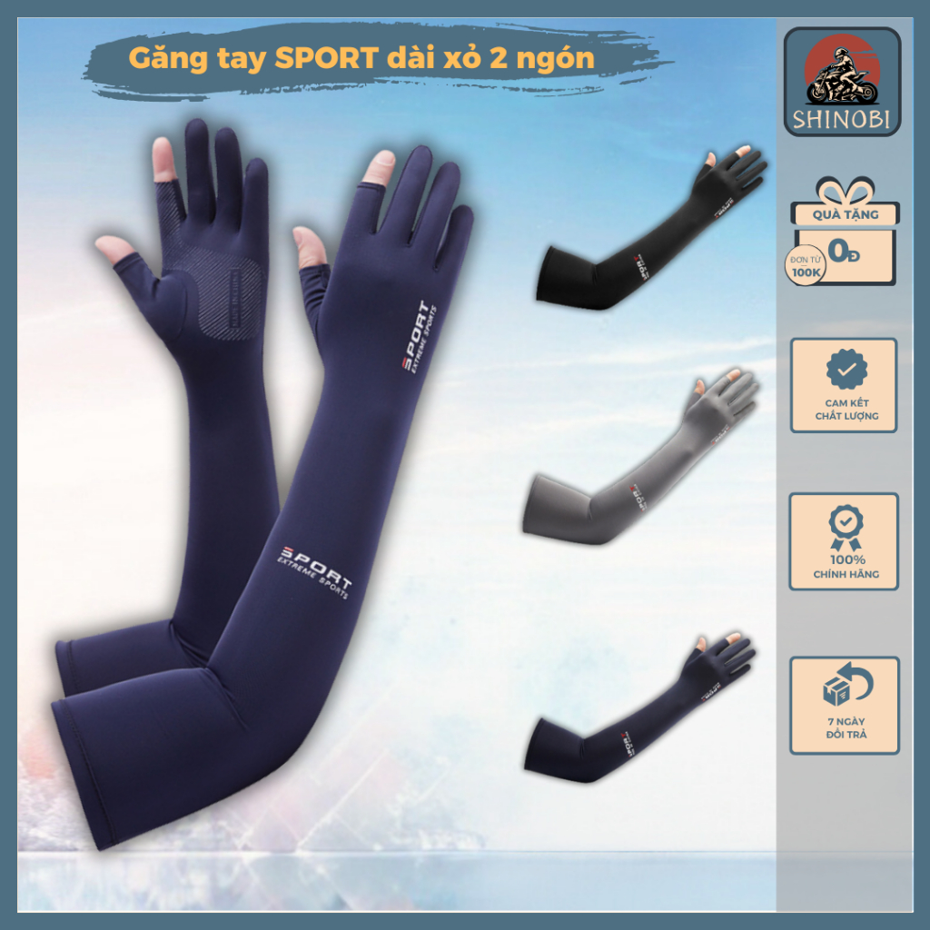 Găng tay chống nắng dài tay nam nữ đi xe máy, thiết kế hở 2 ngón chất liệu vải lụa băng co giãn, chống tia UV SHINOBI
