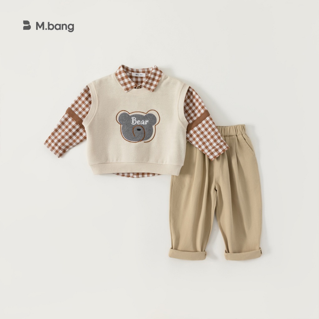Set quần áo dài tay kem gile bé trai 3 chi tiết Mbang hàng thiết kế. Set quần áo thu đông bé trai MB