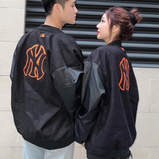 Áo Khoác Nam Nữ MLB NY thêu đỏ Phối Tay Da - Áo Bomber Bóng Chày Chất Dạ Cao Cấp Giá Rẻ