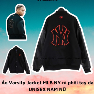 Áo varsity jacket M.L.B NY dạ dày dặn phối tay da,Áo bomber dạ form rộng nam nữ