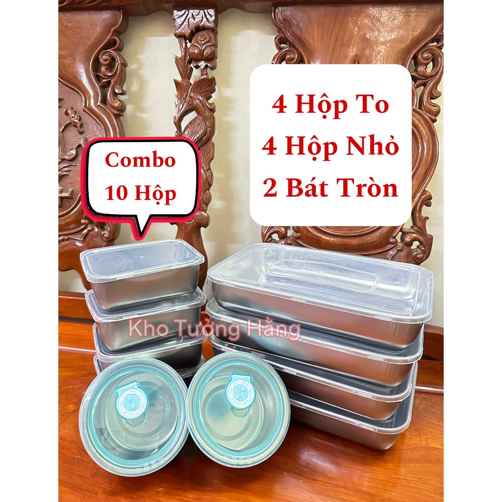 Combo 10 Hộp 4 Khay To + 4 Khay Nhỏ Đựng Thực Phẩm Có Nắp Đậy Inox 304 +2 Bát Tròn Có Gioăng Silicon Đựng Đồ Ăn Tiện Lợi