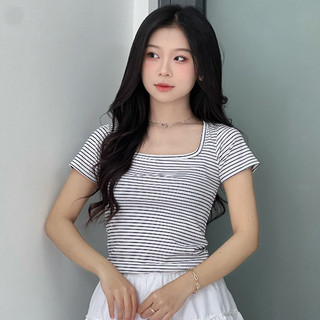 Áo Thun Gân Tăm Cổ Vuông SỌC Kiểu Nữ Croptop Dáng Vừa - TrendTrend Store