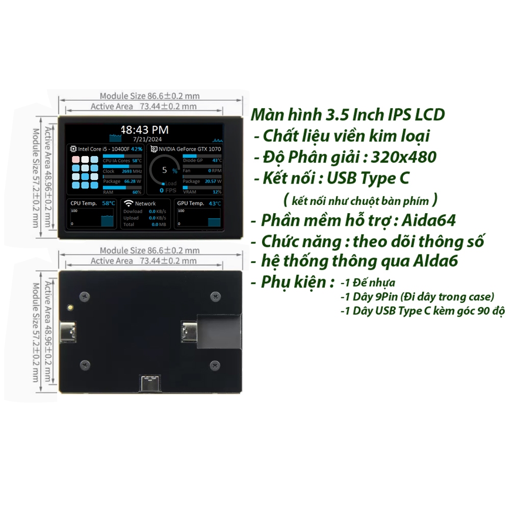 Màn hình 3.5 inch AX206 hiển thị thông số máy tính Aida64 - Chỉ cần kết nối 1 dây type C | BigBuy360 - bigbuy360.vn