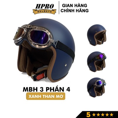 Mũ bảo hiểm 3/4 đầu Sundy Helmets, màu xanh than mờ mạnh mẽ, cá tính, Freesize (54-58cm) kèm kính phi công, UV