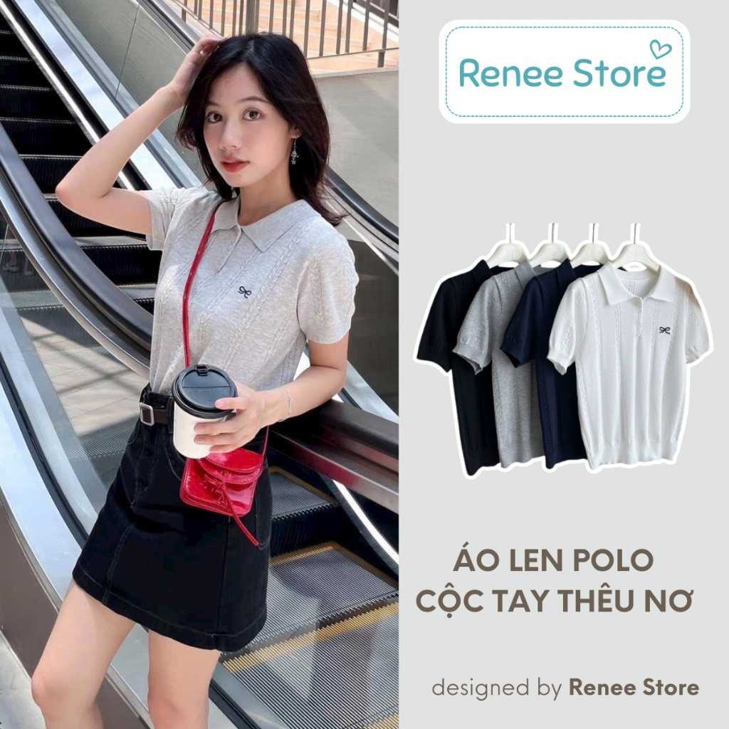 Áo polo len mỏng hình thêu nơ, áo len ngắn tay họa tiết xoắn thừng Renee Store - AL1980