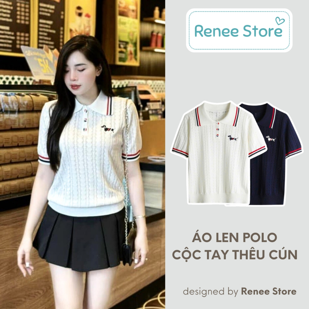 Áo len polo viền màu thêu cún, áo len mỏng họa tiết xoắn thừng Renee Store - AL1983