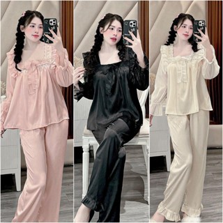   DEAL MỞ BÁN  Bộ Đồ Ngủ Nữ JUSOKA Pijama Phối Voan Lụa Gắn Nơ Gấm Xước Ánh Kim Tiểu Thư Cao Cấp DD54 