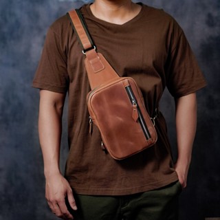 Túi đeo chéo da bò thật, da bò sáp ngựa điên BASIC nâu | Bảo hành 2 năm