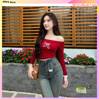 Áo thun nữ dài tay trễ vai dáng ôm crt hoạ tiết thêu nơ nổi bật tôn dáng