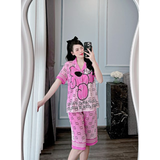 [Freesize 40-60kg]-Bộ ngủ tay ngắn quần lửng lụa xước in hoạ tiết