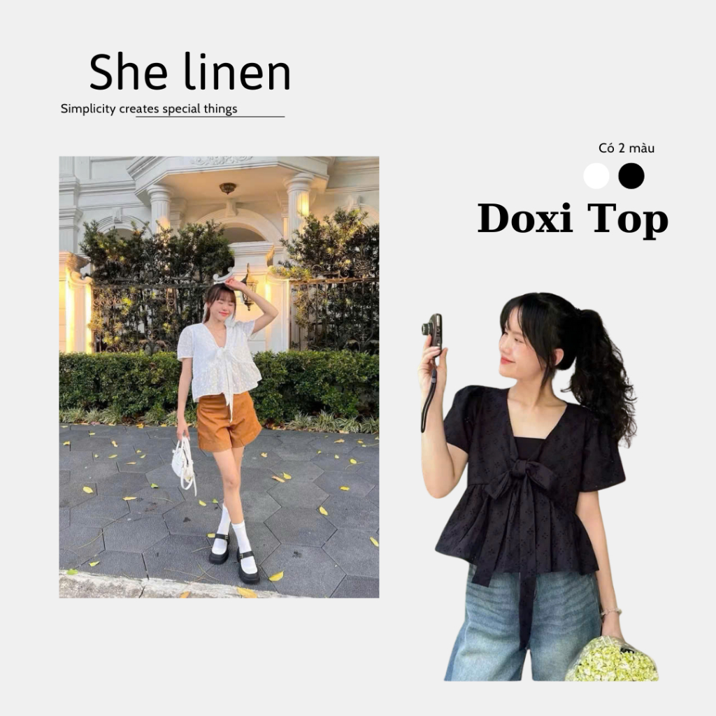 DOXI TOP- Áo Babydoll Ren Cột Nơ, Áo Babydoll Ren Cột Nơ She linen