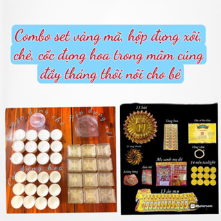 Combo vàng mã, hộp đựng xôi chè, cốc đựng hoa trong mâm cúng đầy tháng thôi nôi cho bé