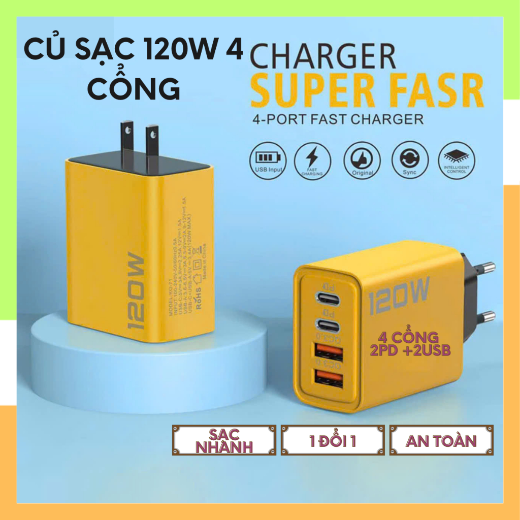 Củ sạc nhanh 120W 4 cổng PD USB type C, cục sạc nhanh thích hợp cho điện thoại android và iphone