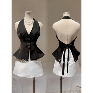 A050 Cabernet Áo lẻ Tisue TOP áo yếm hở lưng phối nút dày dặn cao cấp