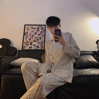 Bộ đồ ngủ nam DÀI TAY vải lụa satin mềm mại thoáng mát họa tiết hình Chữ Valentile Mã 87