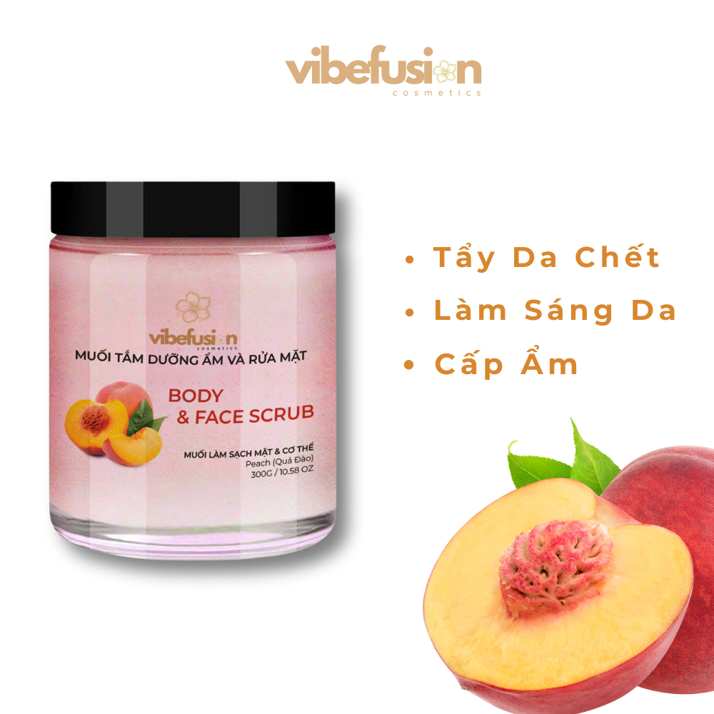 Scrub Muối Hồng Tẩy Tế Bào Chết Quả Đào Vibefusion Peach 300g - Giảm Thâm Body, Sáng Da, Mịn Màng