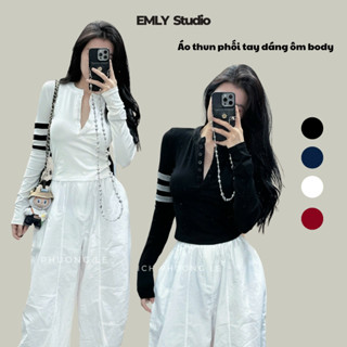 EMLYvn - Áo Thun Phối Tay Áo Dài Tay Mùa Thu Đông, Áo Thun Ôm Body Dáng Ngắn Khuy Ngực