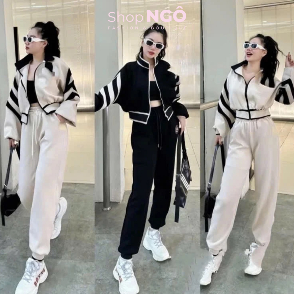 Set bộ thiết kế chất nỉ hàng loại 1 năng động, cá tính, set áo tay dài chạy viền sọc phối quần quần jogger - SHOP NGÔ