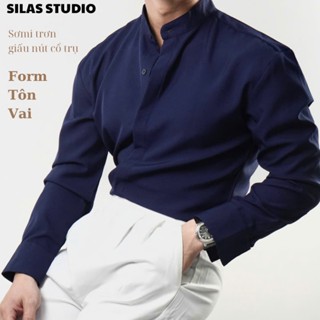 Áo Sơmi SILAS Trơn Cổ Trụ Cotton Chéo Nam Giấu Nút Thoáng Mát (Form Tôn Vai) - Cổ Tròn, Menswear Form Rộng, Ôm Eo