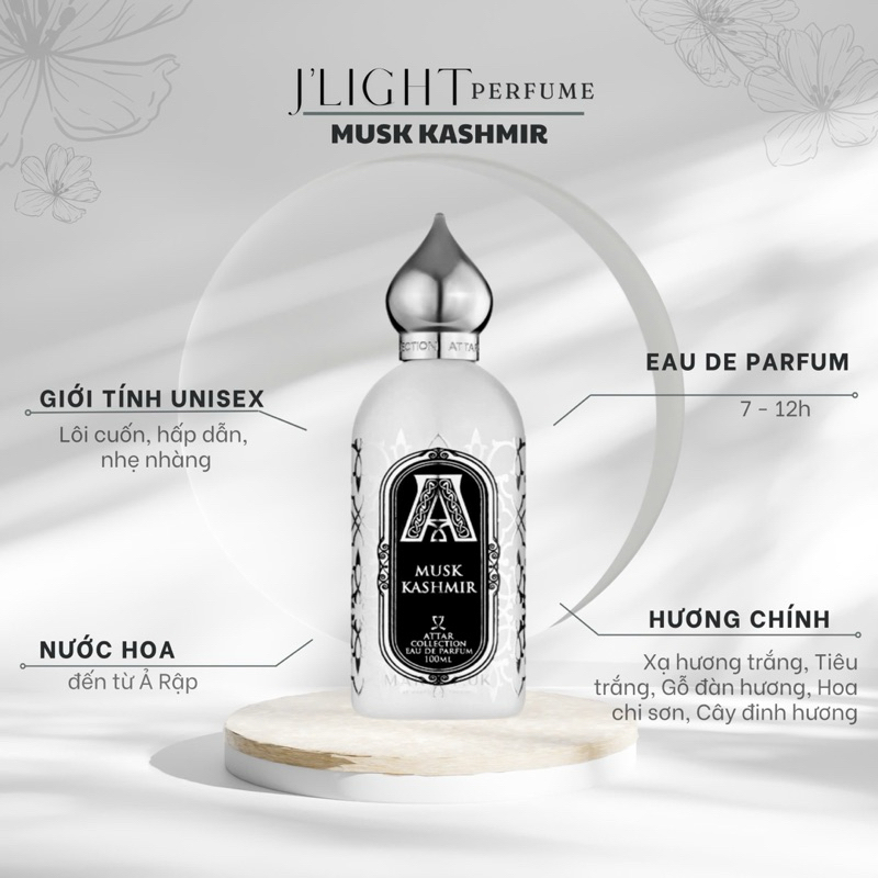 Nước hoa Unisex Mush Kashmir hương hoa cỏ gỗ xạ hương J’light [10ml]