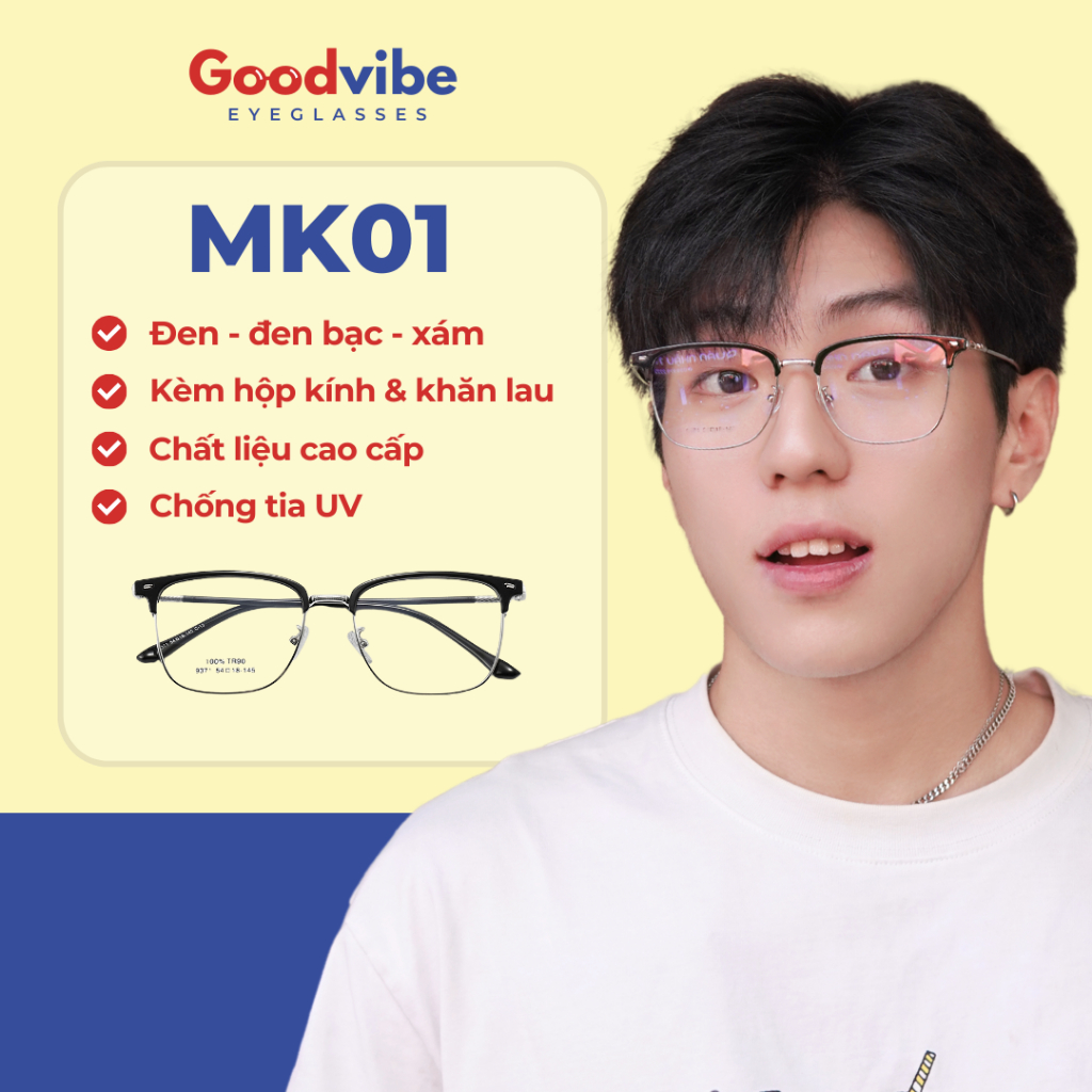 Gọng Kính Cận Nam Nữ Goodvibe UV MK01 Dáng Vuông Gọng Kim Loại Thời Trang Phong Cách Trẻ Trung