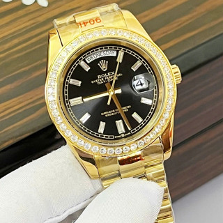  Đồng Hồ Nam Rolex Hai Lịch Màu Vàng Gold Mặt Đen Viền Đá Swarovski Lấp Lánh SIze 38 40mm Viền Thép Không Rỉ 904L 
