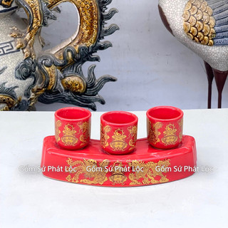 Bộ kỷ chén nước màu đỏ thờ cúng