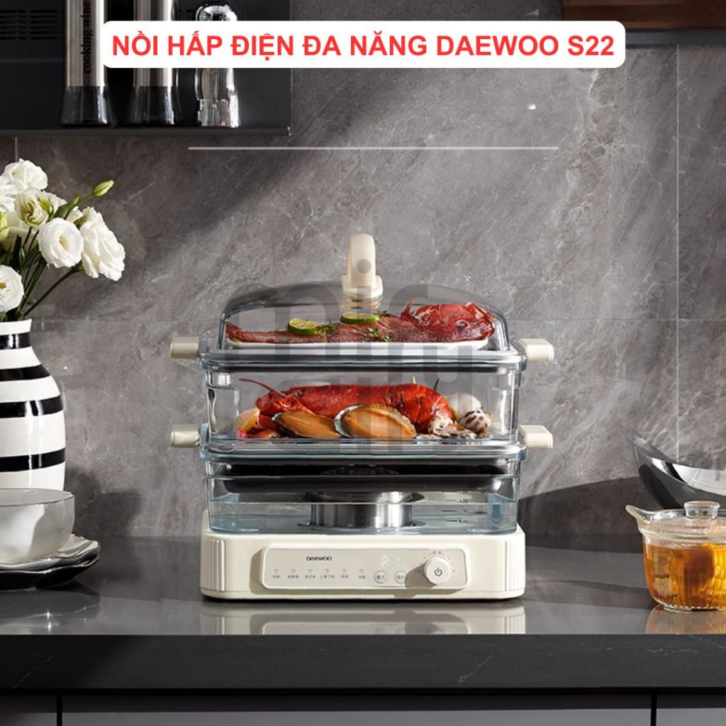 Nồi hấp điện đa năng Daewoo S22, phiên bản 2024, công suất 1500W, khay hấp bằng thủy tinh cao cấp