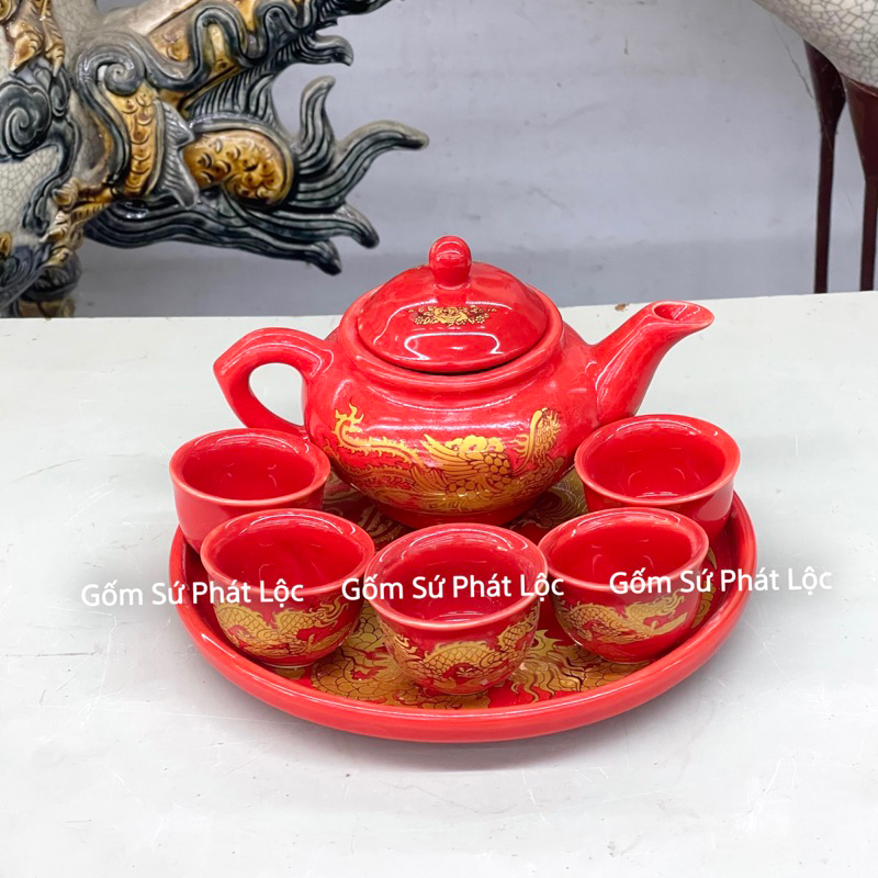 Bộ ấm chén màu đỏ mini thờ cúng