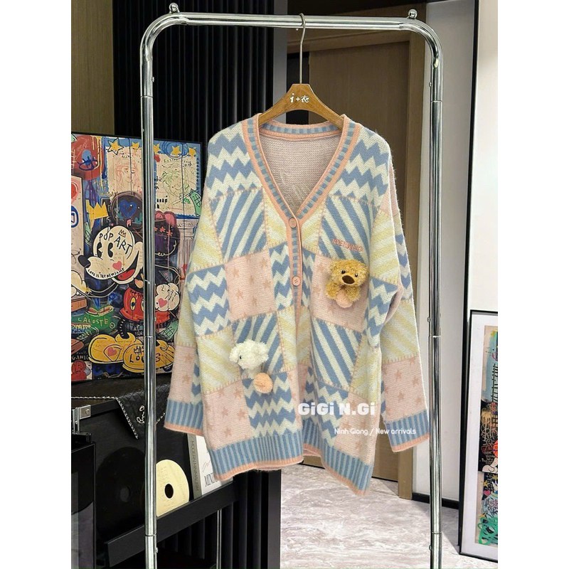ÁO CADIGAN LEN 13DE MARZO GẤU HỒNG XANH [HÀNG SẴN]
