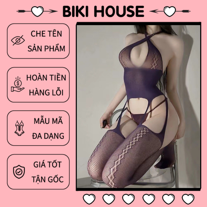 Đồ ngủ 1 mảnh liền thân lưới sọc gợi cảm bodystocking áo liền tất dáng garter siêu xinh quyến rũ BIKI HOUSE N987- HCM | BigBuy360 - bigbuy360.vn