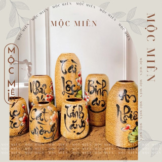 Bộ bình gốm Vẽ Thư Pháp Bát Tràng khắc tay thủ công, lọ gốm sứ cắm hoa tươi để bàn | Gốm Mộc Miên