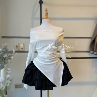 Sét Váy Mùa Thu Gồm Áo Trễ Vai Bẹt Vai Cổ Thuyền + Chân Váy Nhiều Tầng