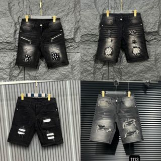Quần short jean nam DSQ đen vá gối chất jean co giãn phối rách xước phong cách thời trang