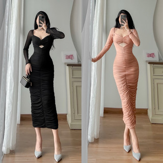 (Sẵn Ship Hỏa Tốc) Đầm Body Lưới Sheer Tay Dài Cut Out Ngực Ôm Body Tôn Dáng Sexy Quyến Rũ