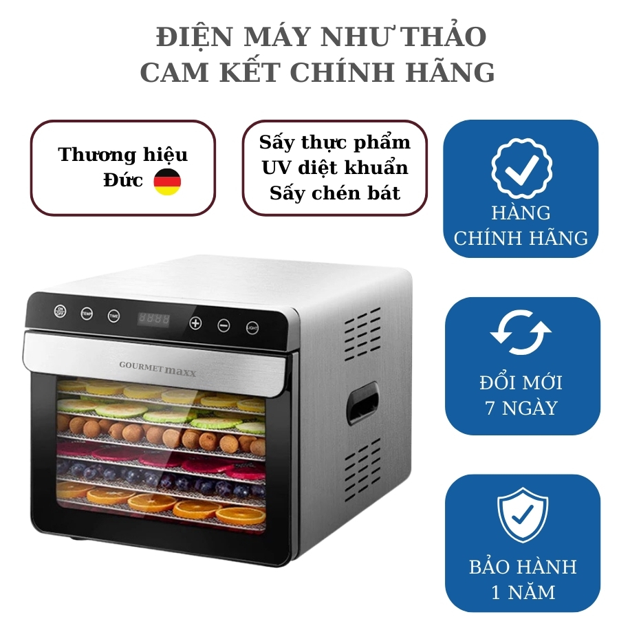 [Mã SPHACL1 giảm 6% đơn 1TR2] (Hàng Đức) Máy sấy thực phẩm GOURMETMAXX 8 khay - Đèn UV diệt khuẩn, máy sấy bát